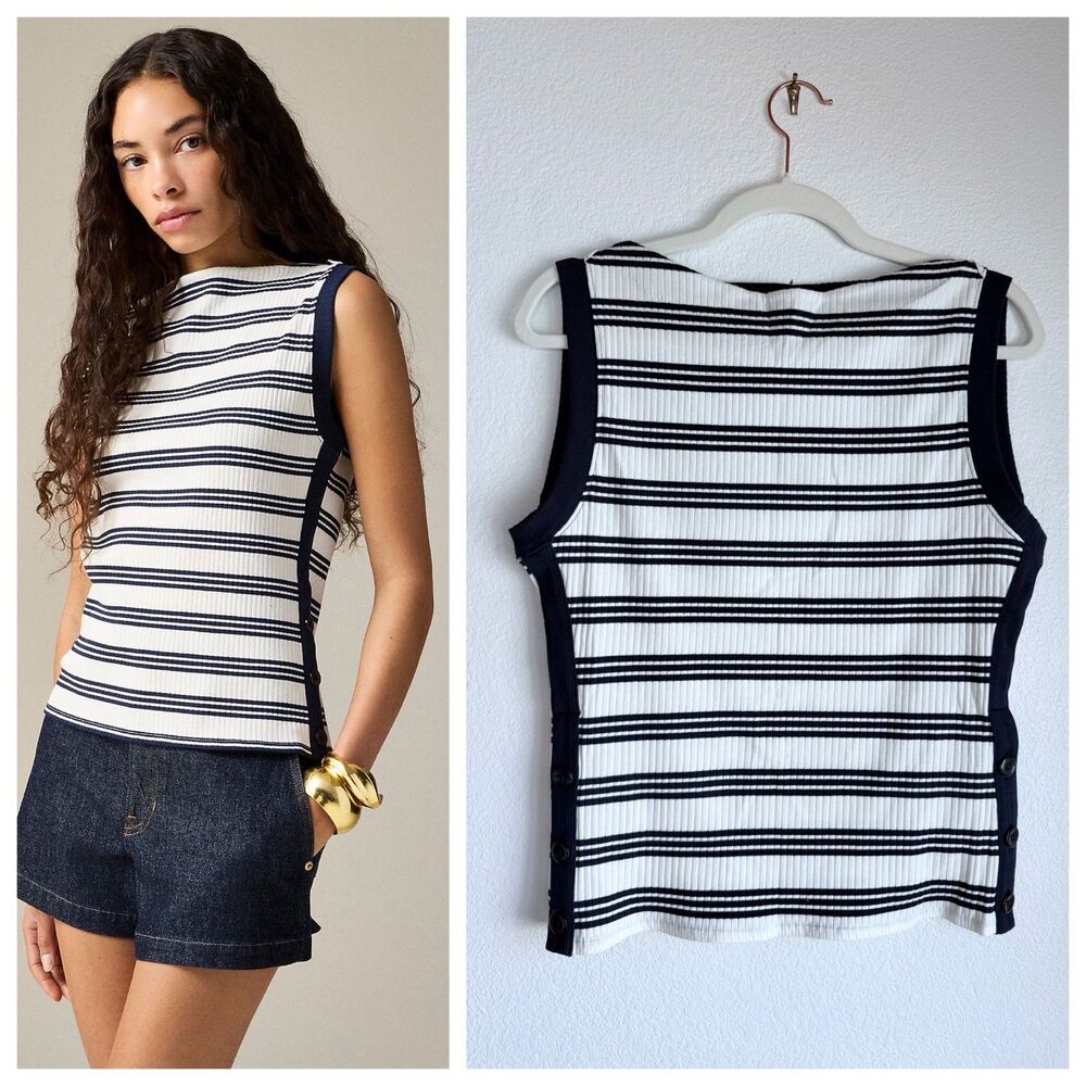 NWT J.Crew Women's Premium Rib Side-Button Tank Top in Ivory & Navy Stripe Sz M